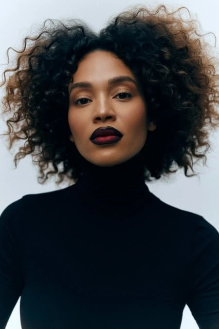 Natural curly hair woman with flawless makeup and dark lipstick, black turtleneck, stylish beauty portrait for skincare and hair care blog.