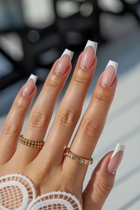 Elegant nude acrylic nails with white tips and rhinestone accents, perfect for a sophisticated manicure look.