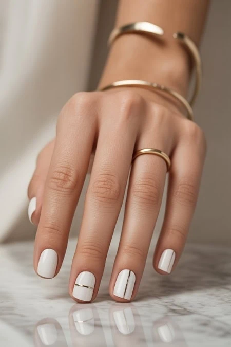 Elegant hand with stylish white manicure featuring gold accent lines, adorned with minimalist gold jewelry, on a marble surface – perfect for beauty, nail art, and fashion showcases.