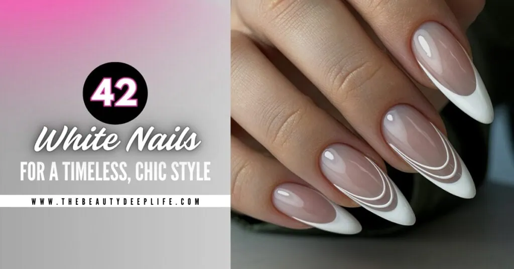 42 white nails design with sleek classic French tips and modern swirl accents for a timeless, chic look. Perfect for elegant nail art lovers seeking style and sophistication.
