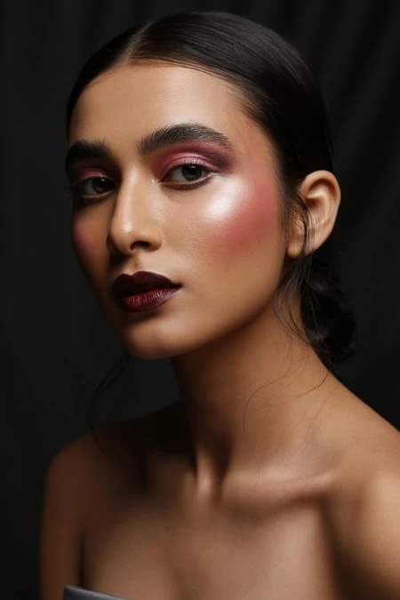 Elegant woman with bold makeup, dark lipstick, and pink eyeshadow showcasing beauty and skincare concepts. Perfect for beauty, makeup, and glamour themes on The Beauty Deep Life website.