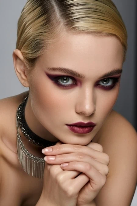 Striking close-up of a woman with bold makeup and platinum blonde hair, showcasing beauty, fashion, and skincare tips for radiant skin and glamorous looks.