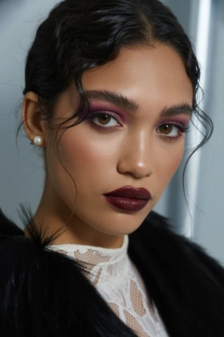 Bright glamorous woman with bold makeup, dark lipstick, and pearl earrings, showcasing beauty, makeup artistry, and fashion style for luxury beauty and skincare branding.