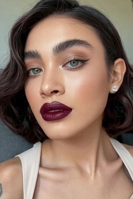 Vibrant beauty makeup with bold dark lipstick, winged eyeliner, flawless skin, and elegant jewelry showcasing modern cosmetic trends at The Beauty Deep Life.