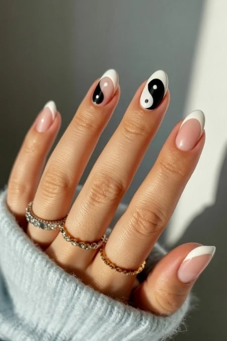 Yin Yang nail art with natural and black-and-white designs on manicured fingers, featuring delicate rings on the middle and ring fingers, showcasing trendy nail art and jewelry for a stylish look.