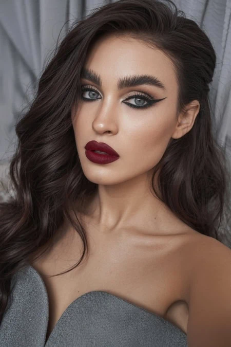 Stunning woman with glamorous sultry makeup, bold red lips, dramatic eyeliner, and long wavy dark hair, showcasing beauty looks and skincare tips for a flawless look. Perfect for beauty, makeup, and skincare blogs.