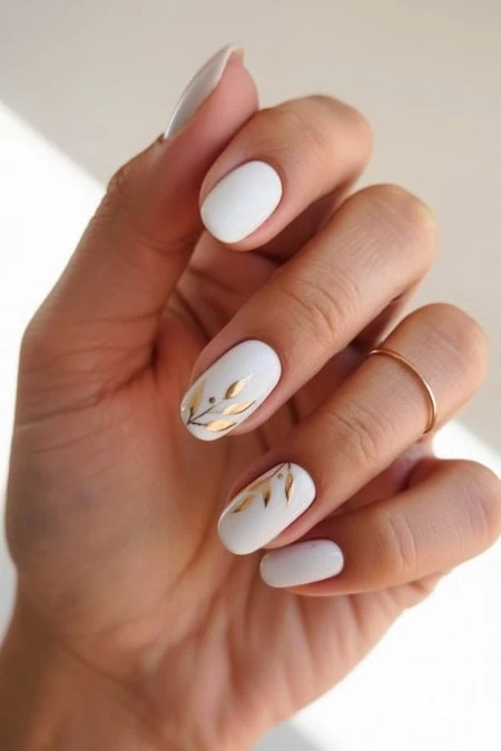 Elegant white manicure with gold leaf accents, perfect for a chic and sophisticated look. Well-groomed nails featuring a glossy finish and minimalist design.