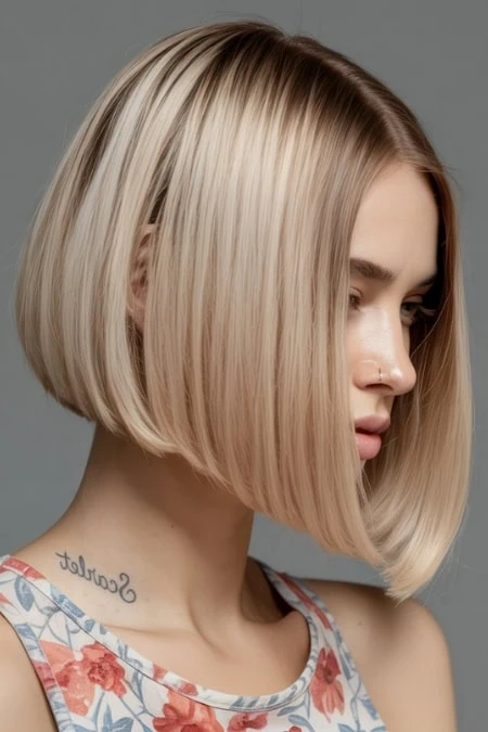 Blonde bob hairstyle with sleek, straight hair and a side part, perfect for modern beauty and haircare styles.