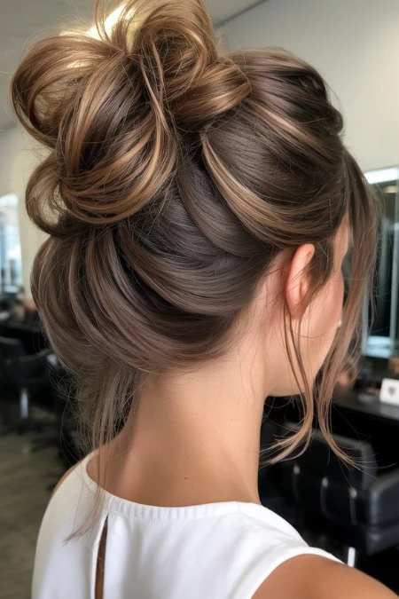 Natural brunette hair updo with soft curls, perfect for elegant occasions or daily wear, showcasing professional hairstyling and modern hair care at The Beauty Deep Life.