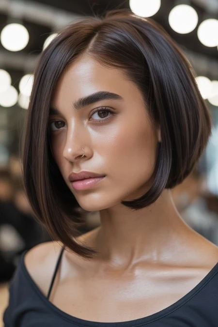 Smooth short brunette hairstyle with layered bob and side parting, perfect for modern, chic looks and easy styling.