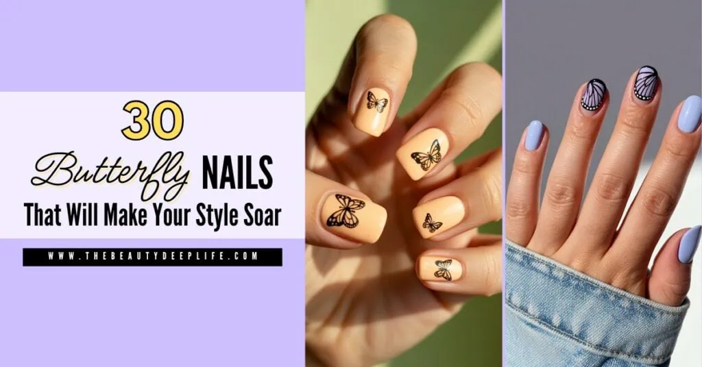 Butterfly nails and nail art with pastel color and floral design, trendy summer manicure for women.