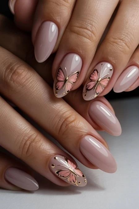 Elegant butterfly nail art with soft pink and nude gel polish, perfect for stylish beauty and manicure trends. Ideal for spring and summer nail decor, showcasing intricate designs on manicured nails.
