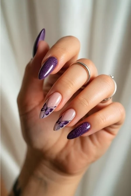 Vibrant purple and nail art with butterfly design, manicured nails, gel polish, and elegant hand jewelry.
