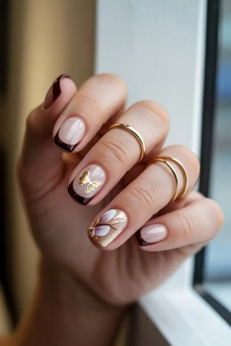 Elegant fall manicure featuring glossy nude, gold accents, and delicate rings.