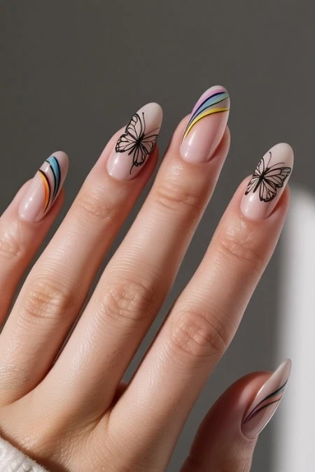 Delicate nail art with butterfly designs and rainbow stripes on a neutral background, featuring expert manicure techniques for trendy, spring-inspired nail fashion.