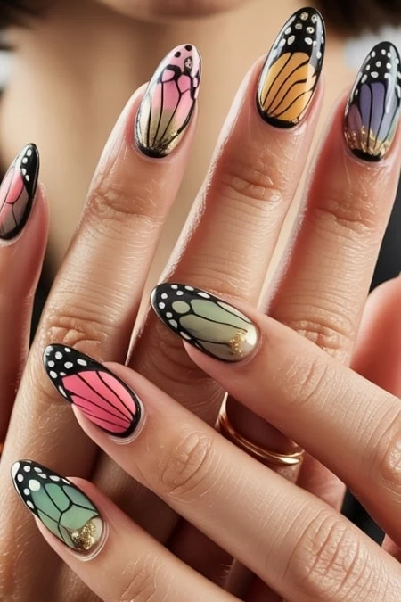 Vibrant butterfly wing nail art design with colorful patterns on manicured nails, perfect for spring and summer fashion trends, showcasing creative and stylish nail art by The Beauty Deep Life.