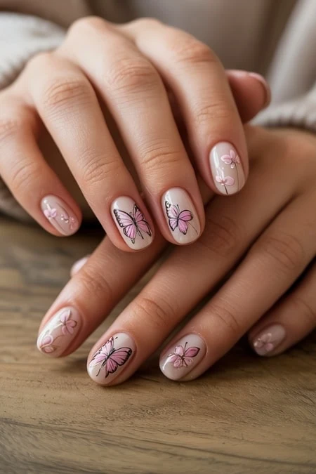 Delicate pink and white butterfly nail art on manicured fingernails, perfect for spring or summer, showcasing expert nail design and manicure beauty.