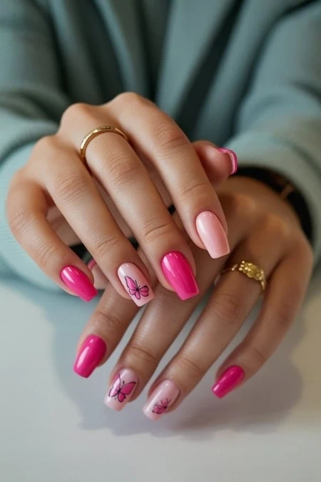 Elegant butterfly nail art with pastel purple and peach tones on almond-shaped nails, featuring detailed butterfly designs for a trendy and delicate look.