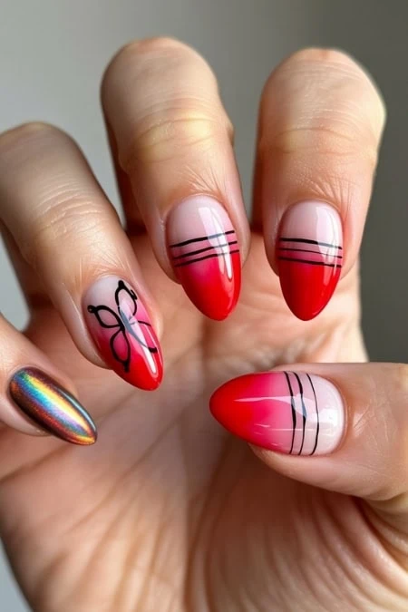 Elegant butterfly nail art with pastel purple and peach tones on almond-shaped nails, featuring detailed butterfly designs for a trendy and delicate look.