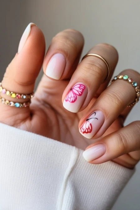 Soft pastel nail design with pink butterfly accents and delicate rings, perfect for spring or summer beauty looks.