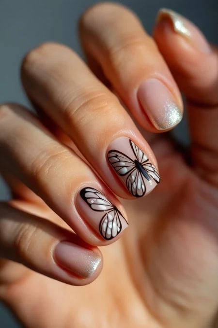 Delicate butterfly nail art with intricate black and silver design, perfect for a stylish and elegant manicure.