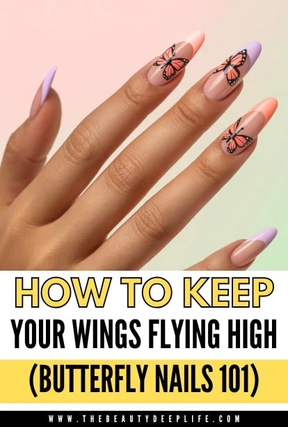 Elegant butterfly nail art with pastel purple and peach tones on almond-shaped nails, featuring detailed butterfly designs for a trendy and delicate look.