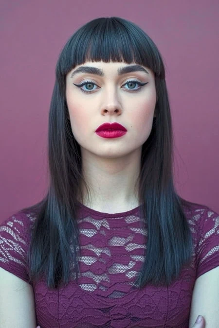 Vibrant young woman with bold makeup, dark straight hair, and bangs, wearing a purple lace top against a matching purple background.