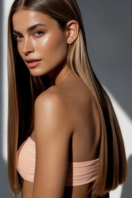 Silky brunette woman with flawless skin and natural makeup, showcasing beauty and straight hairstyles, portrait image for beauty, skincare, and cosmetics themes.