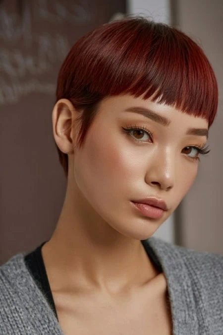 Vibrant red short hairstyle woman with sleek hair and flawless makeup, beauty, fashion, hairdo, elegant look, modern hairstyle, hairstyle inspiration, The Beauty Deep Life.