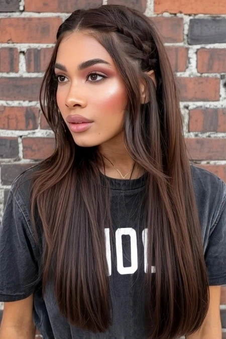 Soft, long brunette hair with natural waves and a subtle braid, styled for a beauty look against a brick wall background, highlighting hair care, beauty, and hair styling tips.