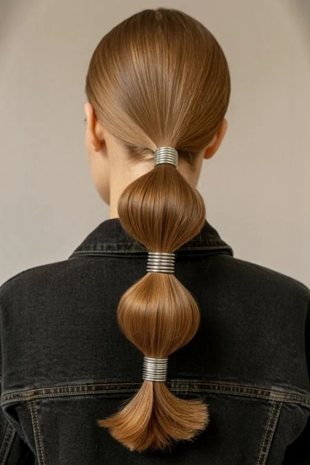Vibrant long blonde ponytail with stylish metallic hair cuffs, fashionably tied in bubbles, showcasing creative hair styling and healthy shiny hair for beauty and haircare inspiration.