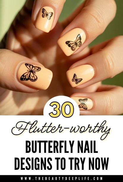 Delicate beige manicure with designs with black accents, perfect for Summer.