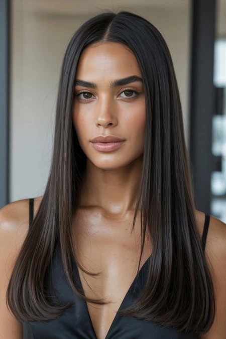 Portrait of a woman with long, sleek, straight dark brown hair, perfect skin, and natural makeup showcasing beauty and hairstyles, posed indoors for a professional beauty or haircare photoshoot.