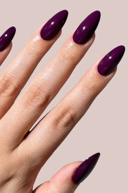 Glossy deep purple gel manicure on long almond-shaped nails, perfect for elegant nail art and beauty enhancements.