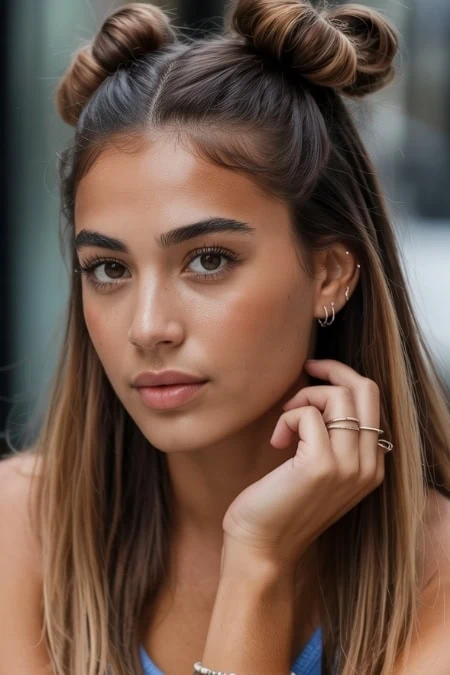 A young woman with styled double buns and natural makeup, wearing multiple ear piercings and rings, showcasing a youthful and trendy beauty look for skincare and beauty enthusiasts.