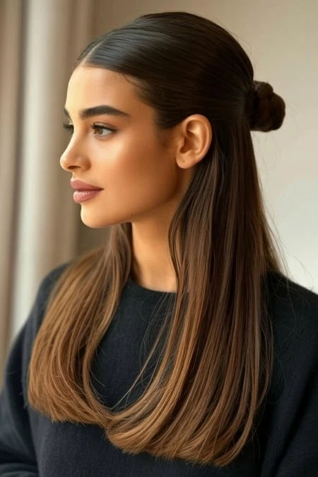 Silky long brunette hair styled with a half-up bun, healthy and shiny hair, close-up beauty portrait, natural makeup, Salon-quality hair care, beauty, and grooming tips for women.