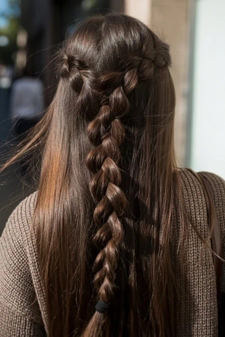 Soft brown hair with a loose braid hairstyle, perfect for casual or boho chic looks. Long, shiny hair styled with a center braid, ideal for beauty and hair tutorials.
