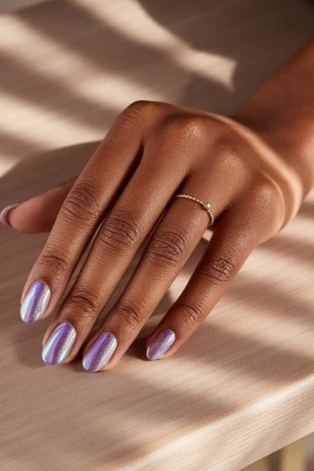 Vibrant holographic nail polish on well-manicured hand with delicate gold ring, showcasing modern nail art and beauty enhancements.