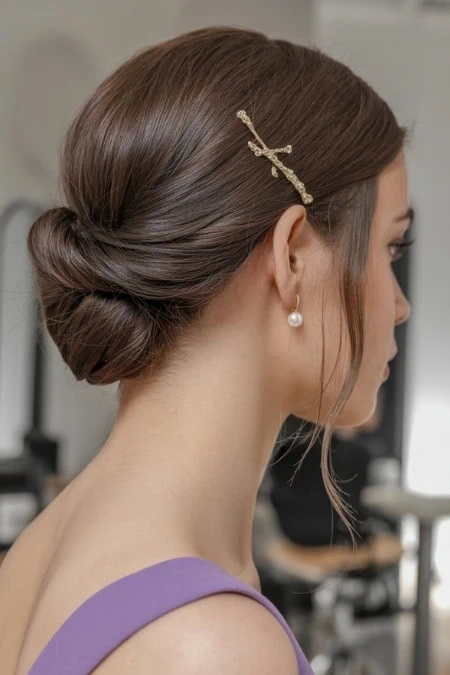 Elegant brunette updo hairstyle with pearl earring and decorative hair clip, perfect for special occasions and beauty deep life inspiration.