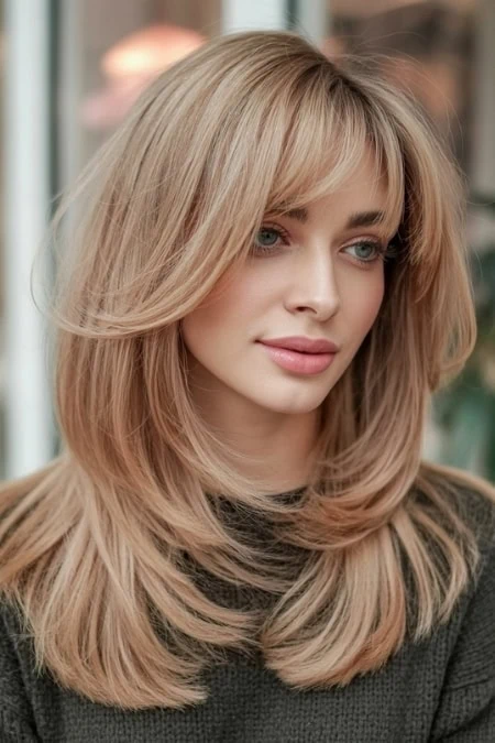 1. Blonde woman with layered haircut and soft waves, posing indoors for a beauty portrait.