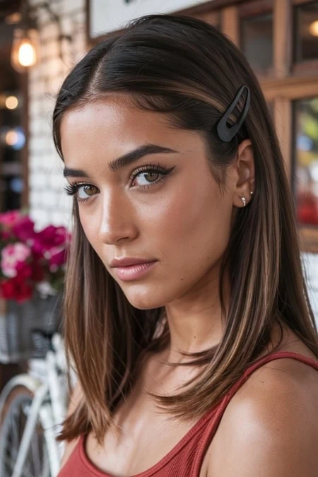 Young woman with smooth skin, stylish makeup, and hair clip, outdoor cafe setting with flowers, showcasing beauty, skincare, and hair accessories for a modern, trendy look.