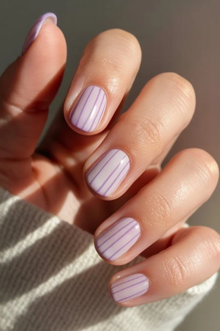 Delicate lavender and white striped nail art on neatly manicured nails, showcasing trendy and stylish manicure design perfect for beauty and fashion enthusiasts.