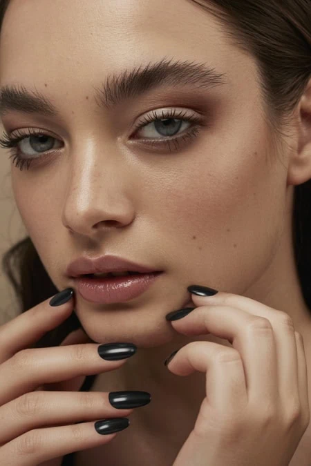 Close-up portrait of a woman with flawless skin, well-groomed eyebrows, and natural makeup, highlighting beauty, skincare, and cosmetic enhancement.