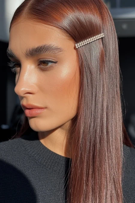 Elegant woman with sleek, straight auburn hair accessorized with a pearl hair clip, showcasing modern hair styling and beauty trends for skincare, haircare, and beauty enhancement.