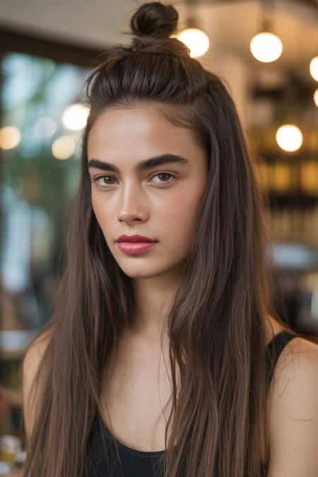 Young woman with long brown hair and natural makeup in a cozy cafe setting, demonstrating beauty and skincare at The Beauty Deep Life. Perfect for beauty, hair care, and skincare related topics.