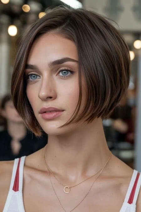 Beautiful young woman with a stylish short bob haircut, casual white tank top with red straps, and delicate gold jewelry in a modern salon setting.