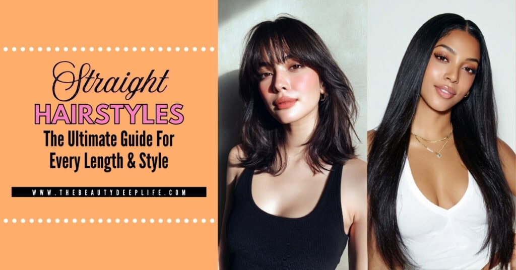 Soft layered brunette hairstyle with bangs on a young woman, featuring casual black tank top, portrait with a neutral background, stylish hair, and modern beauty look.