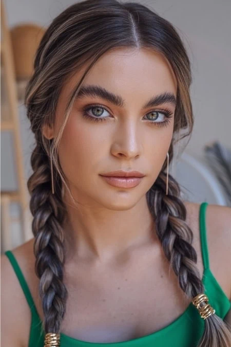 Beautiful young woman with braided hair, natural makeup, and green tank top, showcasing skincare and beauty routines for a fresh, radiant look.
