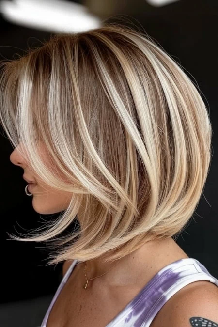 Vibrant blonde bob hairstyle with layered highlights and soft waves for a stylish, modern look.