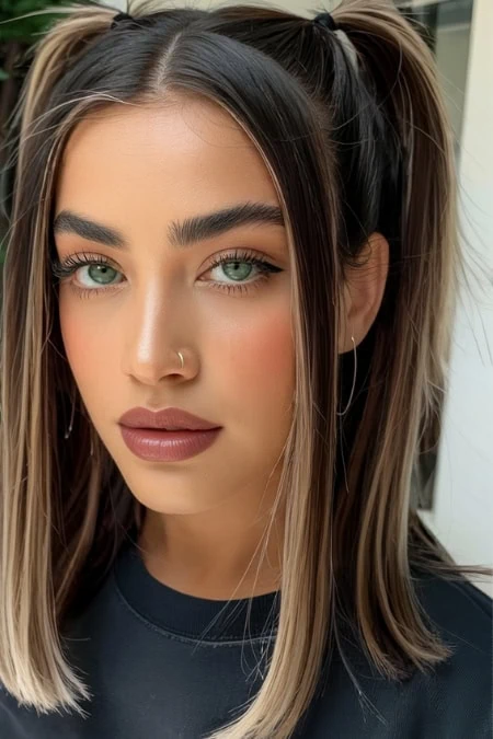 Vibrant young woman with striking blue-green eyes, flawless skin, and trendy hairstyle, showcasing beauty and skincare concepts for healthy, luminous skin and modern beauty tips.